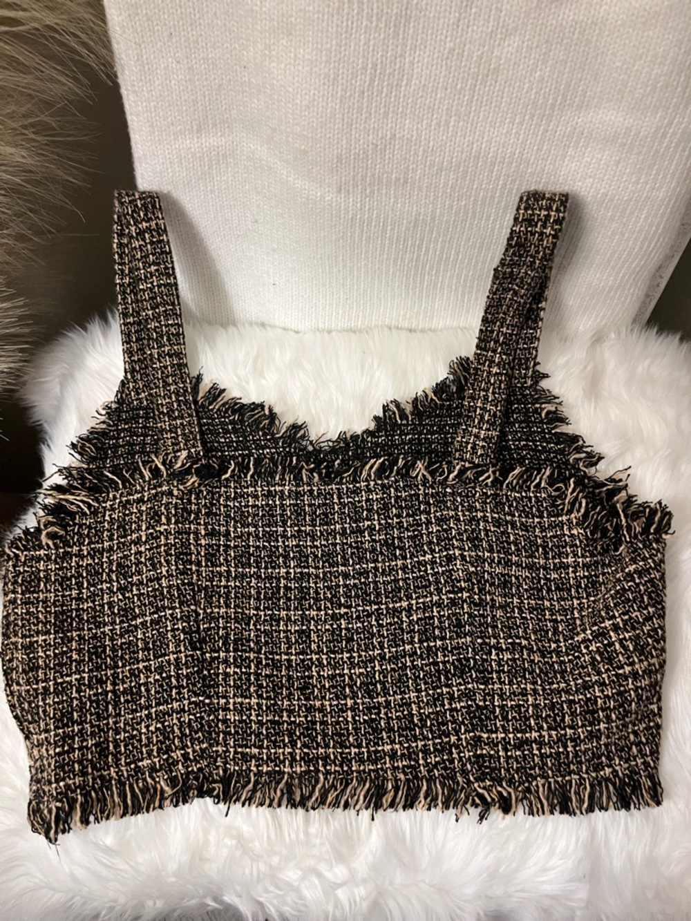 Anthropologie Tweed Fringe Crop Top in Black & Brown - Picture 3 of 3